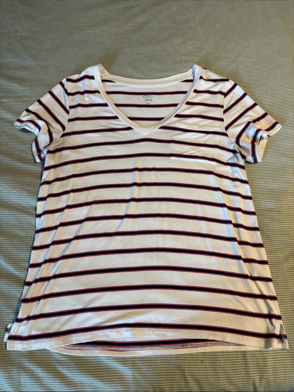 Market & Spruce Hannah White V-Neck Tee with Navy & Burgundy Stripes